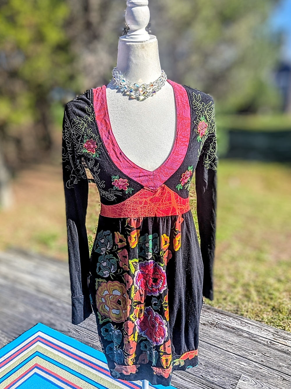 Famous Desigual Black Long Sleeve 💯 Cotton Stretch Dress Floral Embroidery